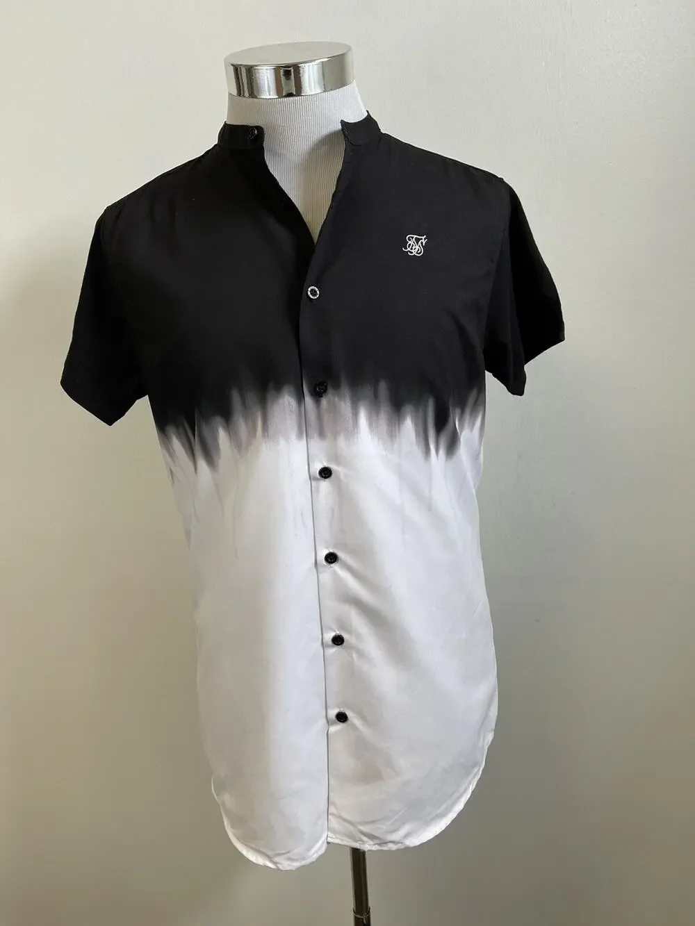 Sik Silk Shirt Mens Small Button Up Color Block Black Contrast Cotton N76